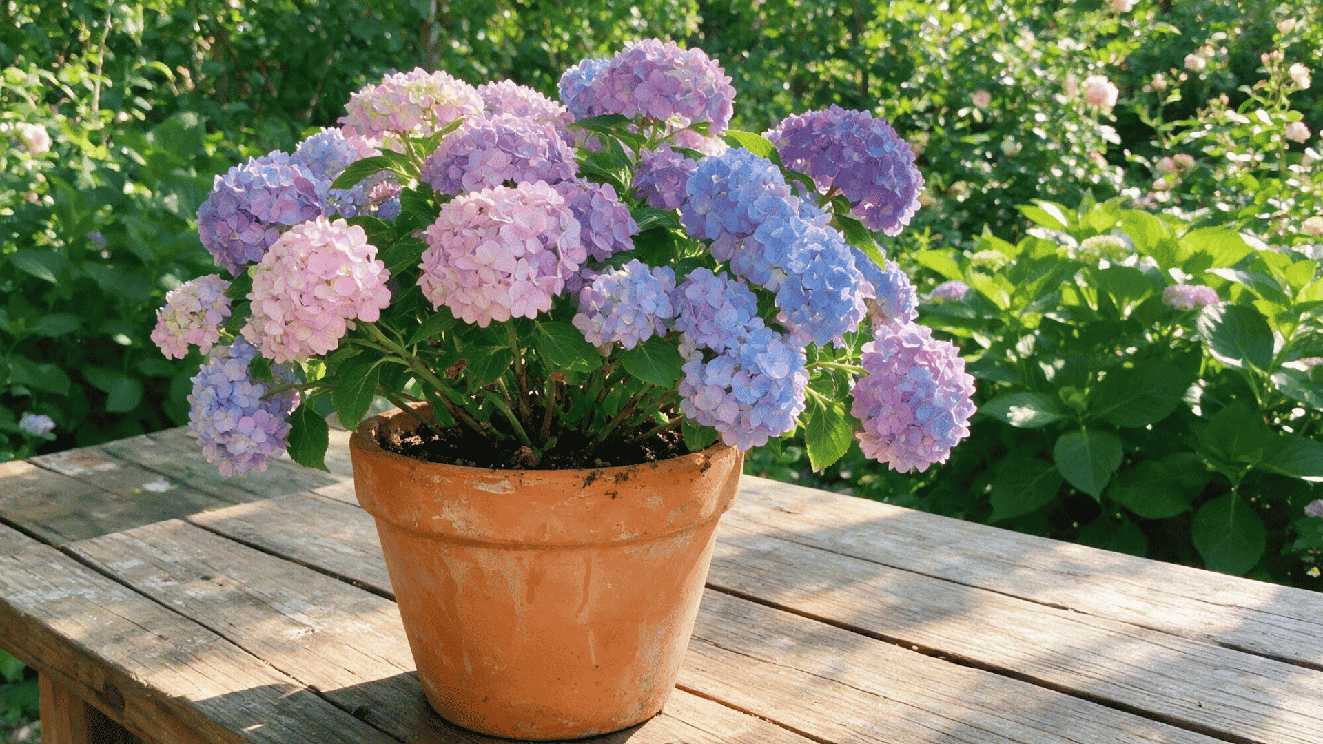 potted hydrangea with pink, purple, and blue blooms on a wooden table, showing it can thrive for years without replanting