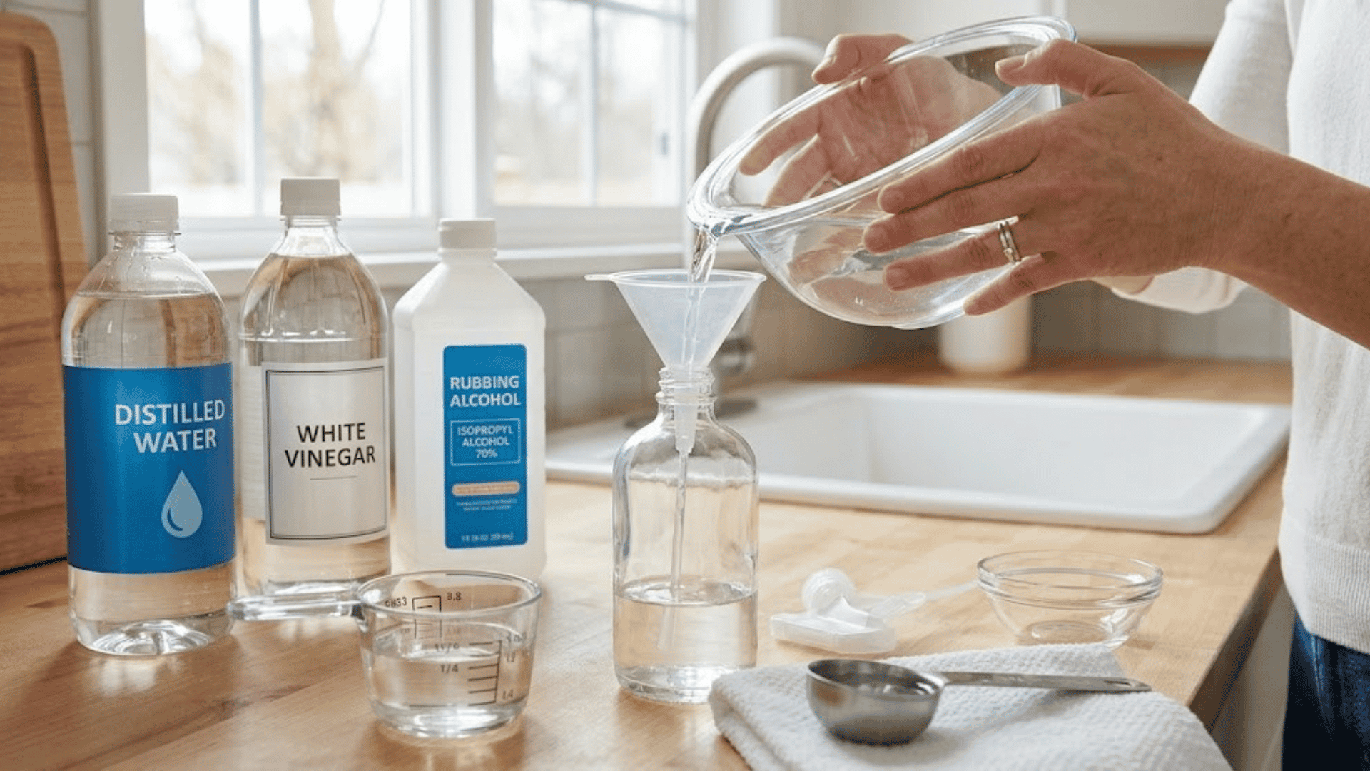 Pouring ingredients into a spray bottle to prepare a diy window cleaner solution.