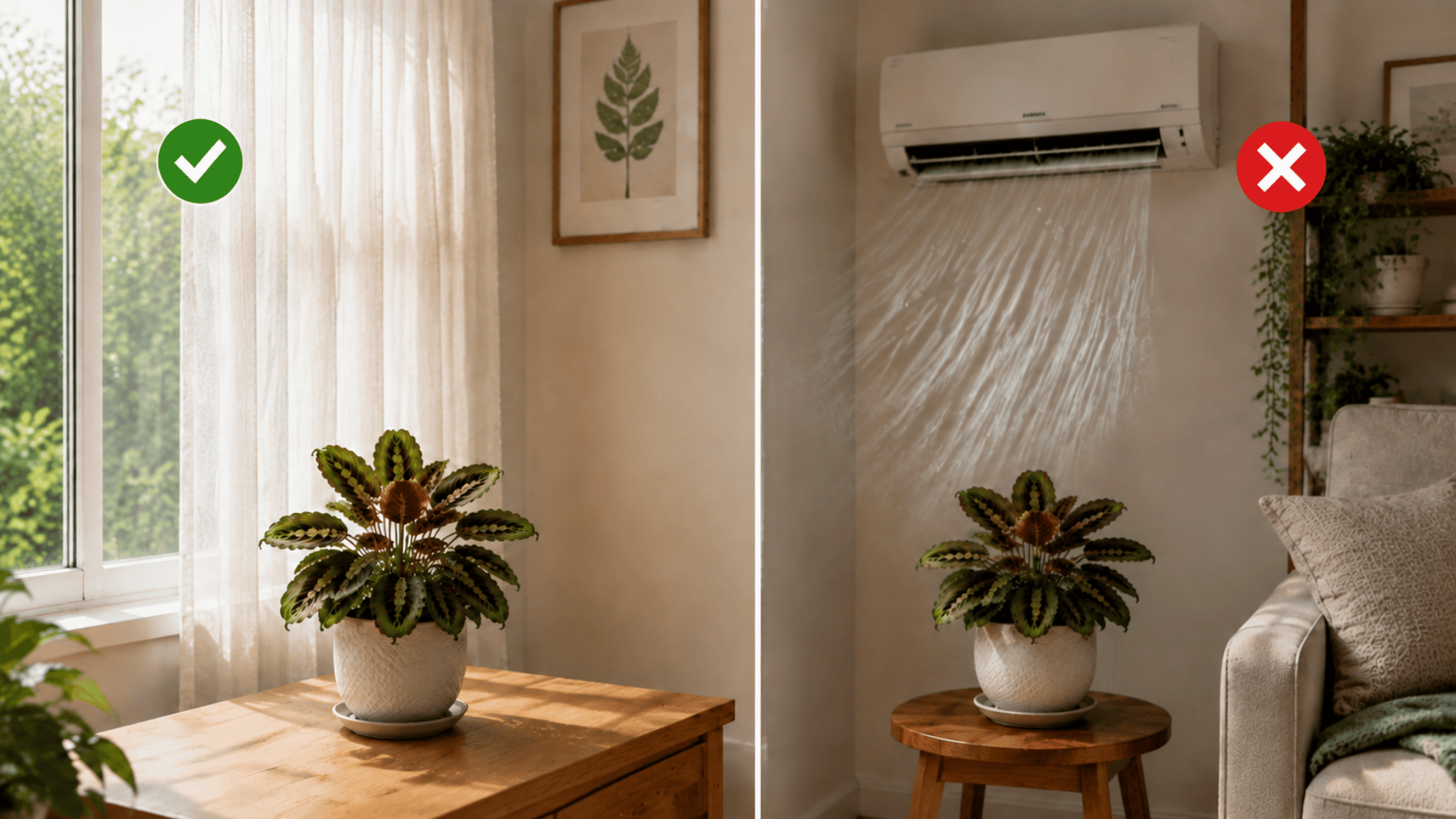prayer plant near filtered window light compared with direct air conditioner airflow using check and cross marks