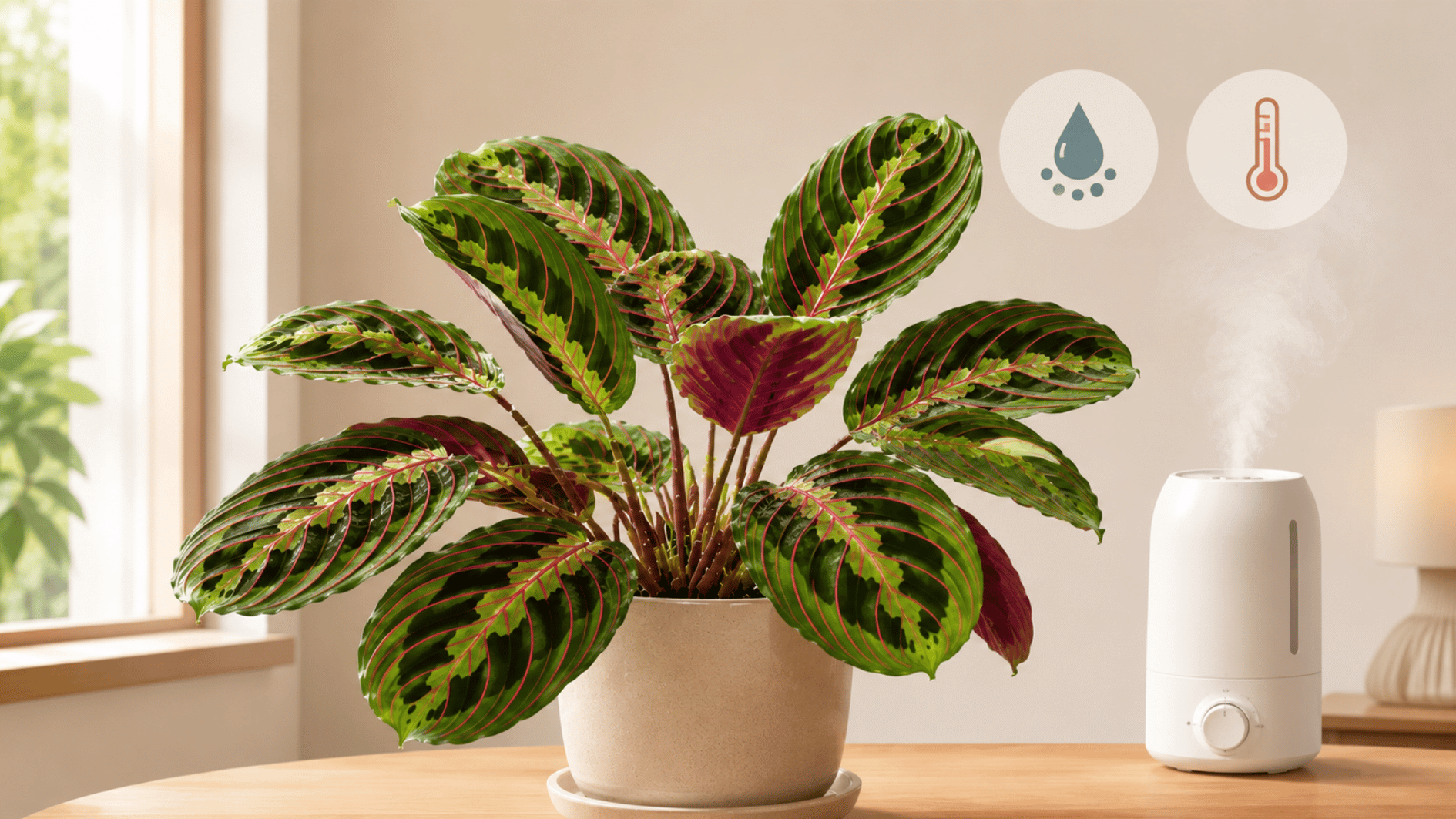 prayer plant showing ideal indoor temperature of 65–80°f and humidity range of 50–60% for healthy growth
