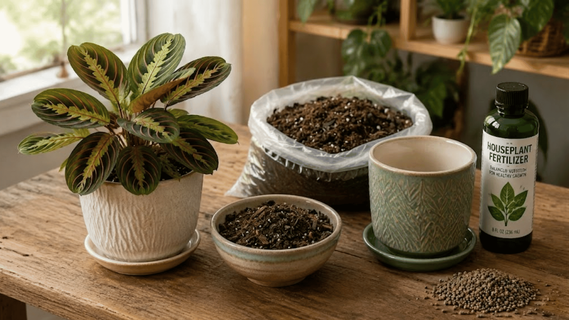 prayer plant with dark potting soil, empty pot, fertilizer, and soil mix arranged on a wooden table