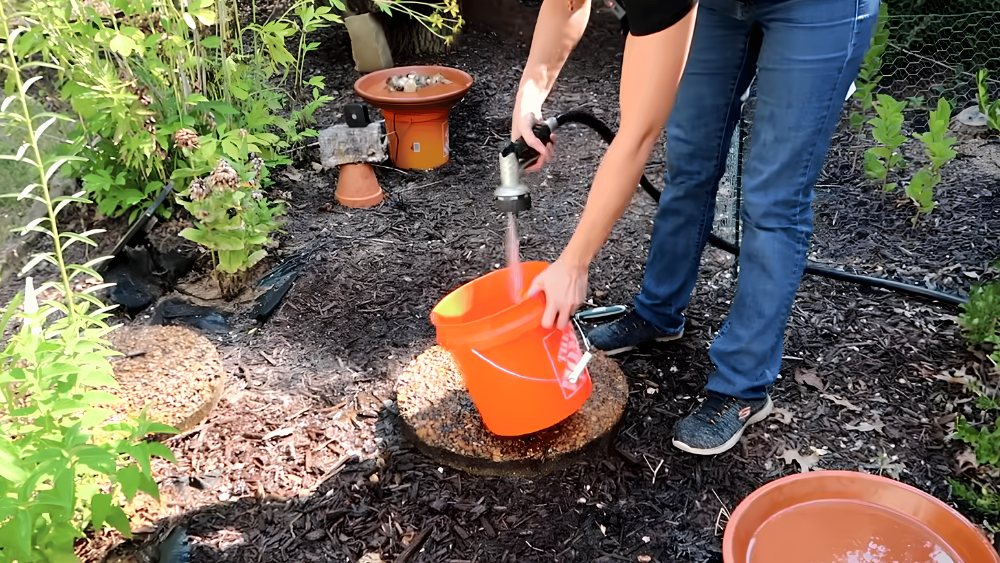 person filling an orange water reservoir with a garden hose while preparing a diy bird bath fountain outdoors