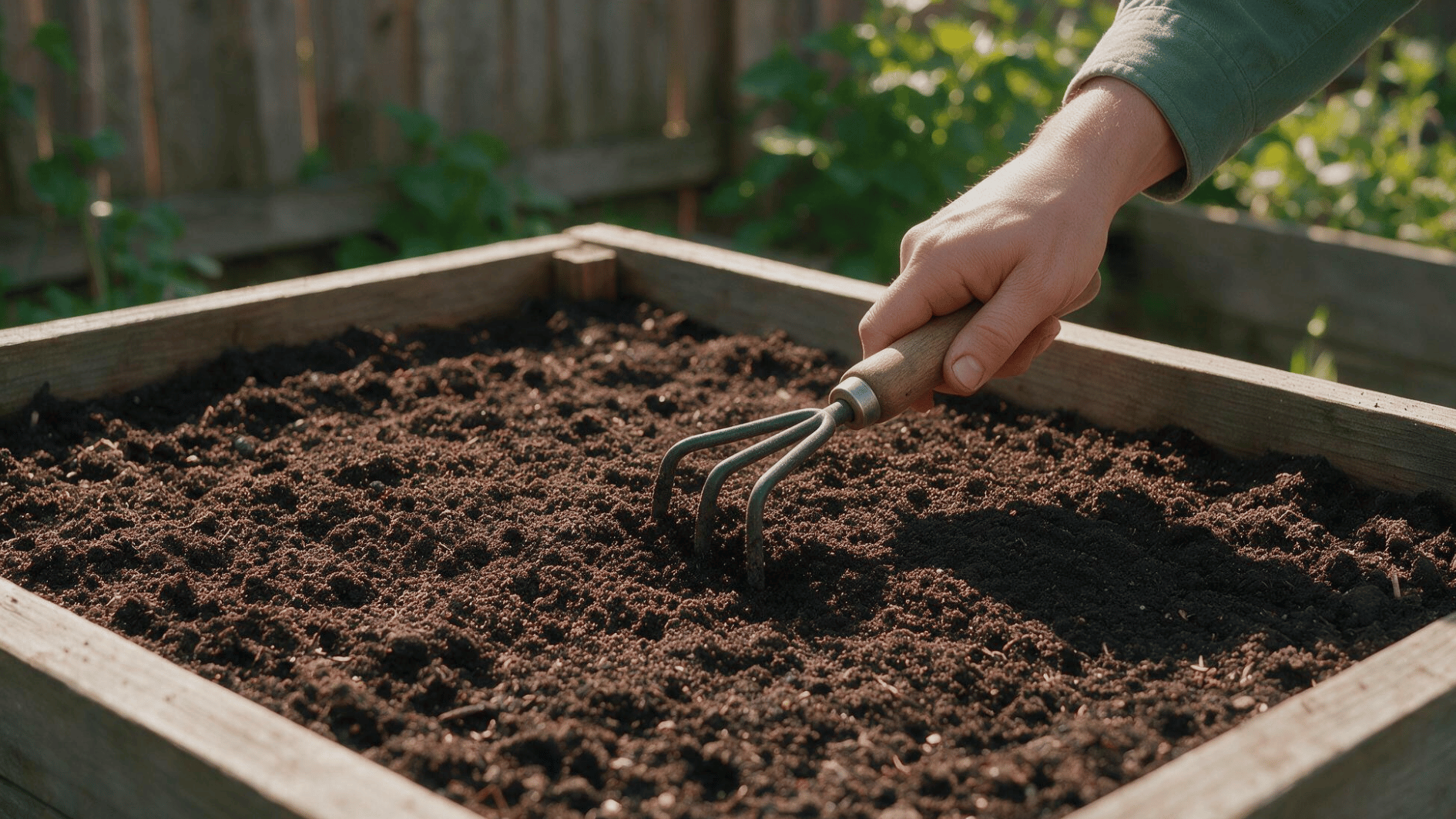 gardener loosening soil in a raised bed to prepare a planting area for green onions