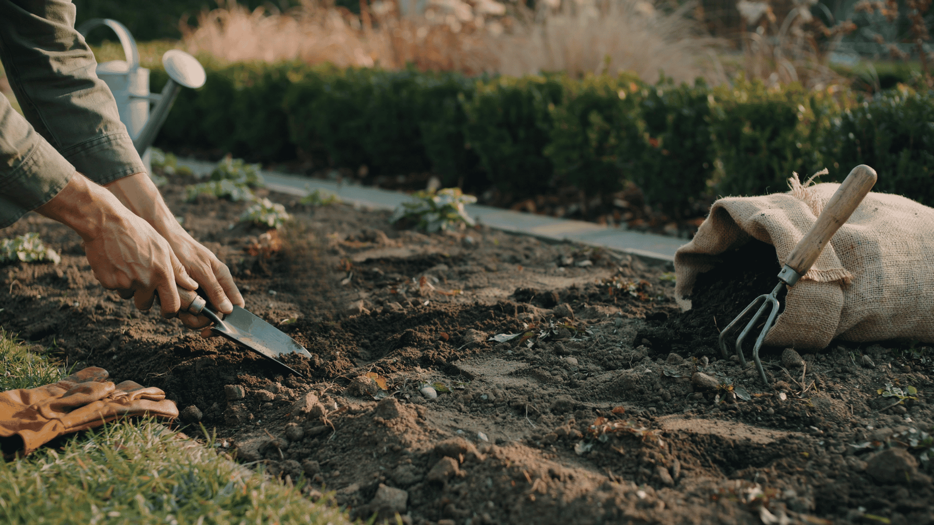 Preparing garden soil with a trowel, compost, and soil tester before planting tulip bulbs