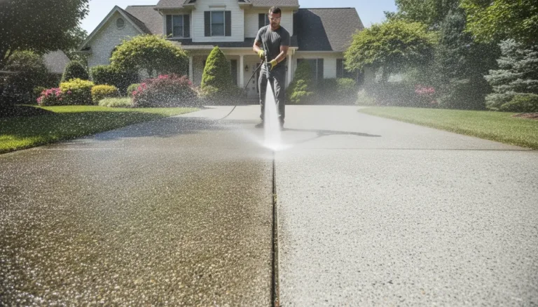 Person pressure washing driveway in front of suburban house on a sunny day