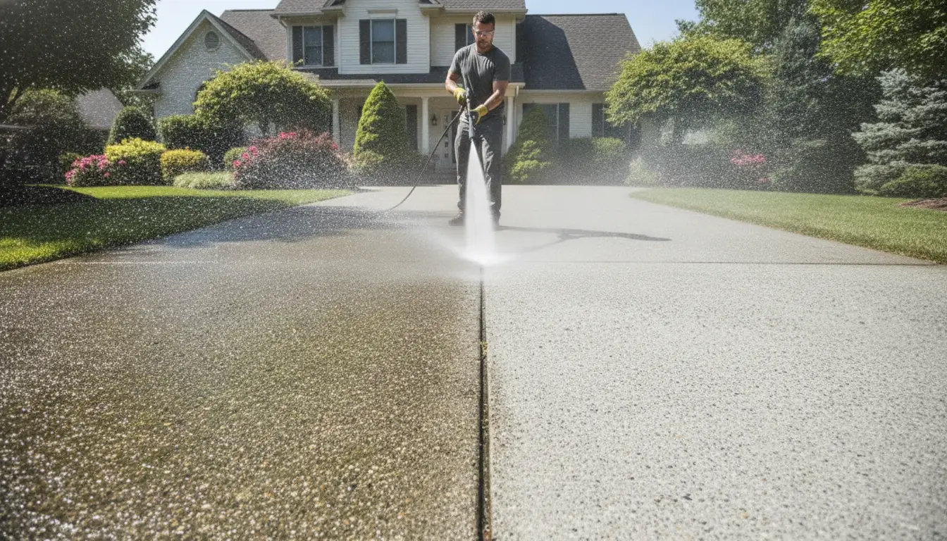 Person pressure washing driveway in front of suburban house on a sunny day