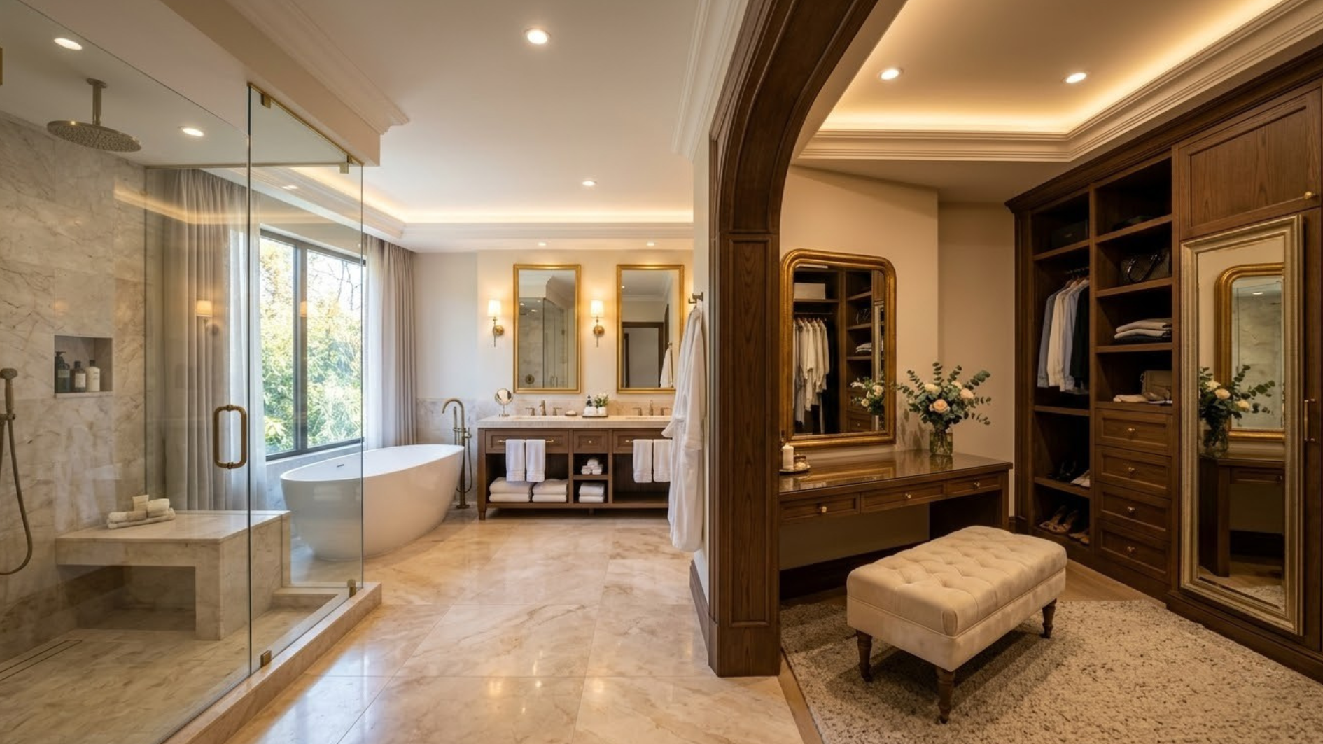 primary suite bathroom with wood vanity glass shower freestanding bath open closet and bright natural daylight