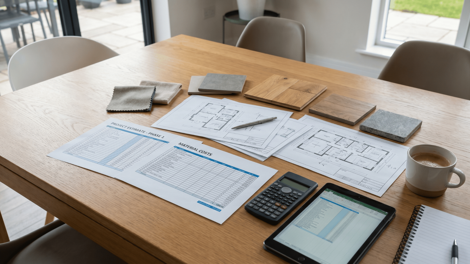 Project estimates, material samples, and floor plans arranged on a table inside a residential interior space