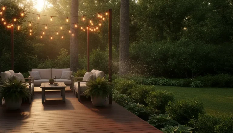 Outdoor patio with string lights and wooden furniture surrounded by lush green trees