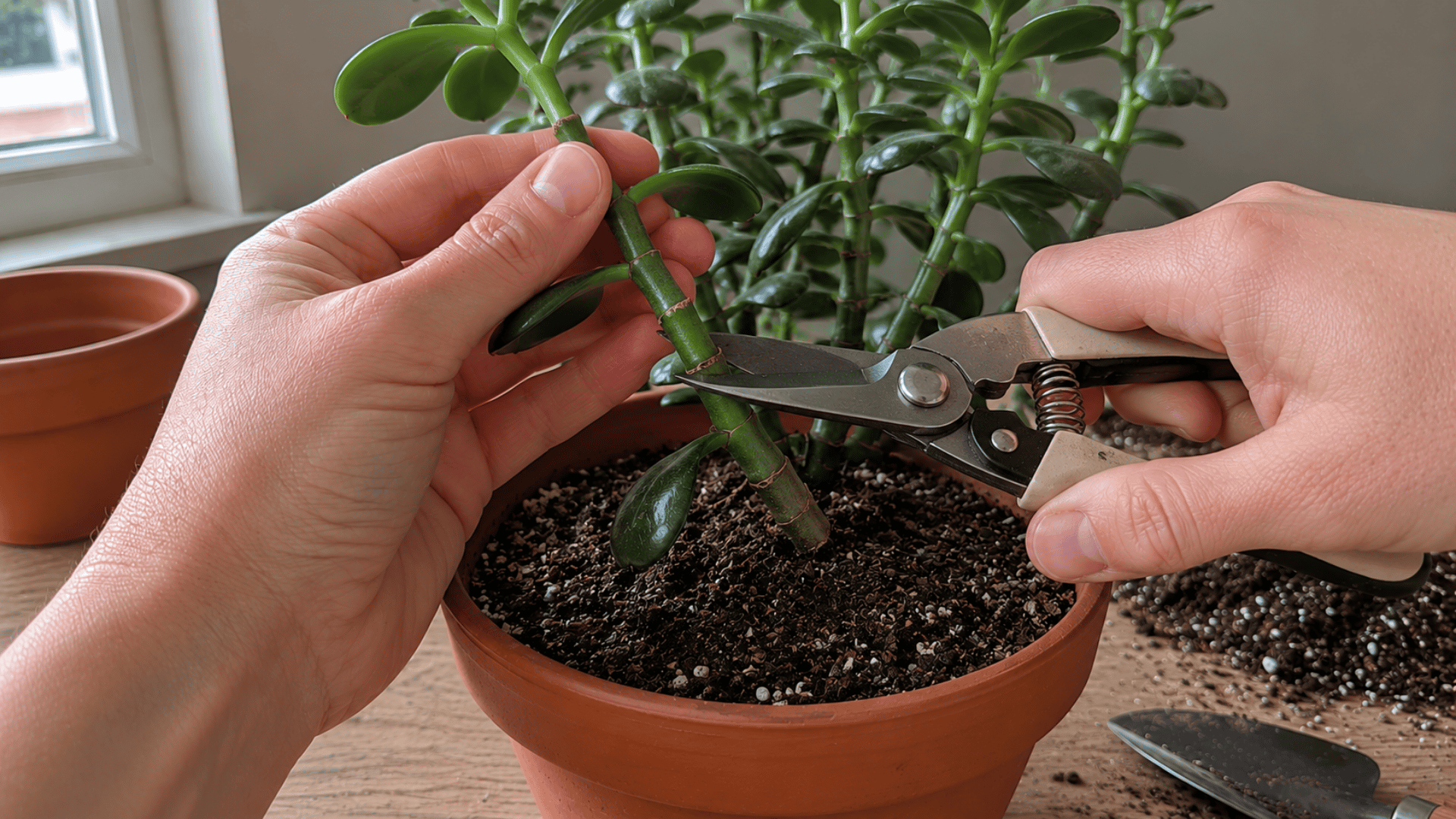 pruning shears cutting a jade plant stem just below a node for propagation