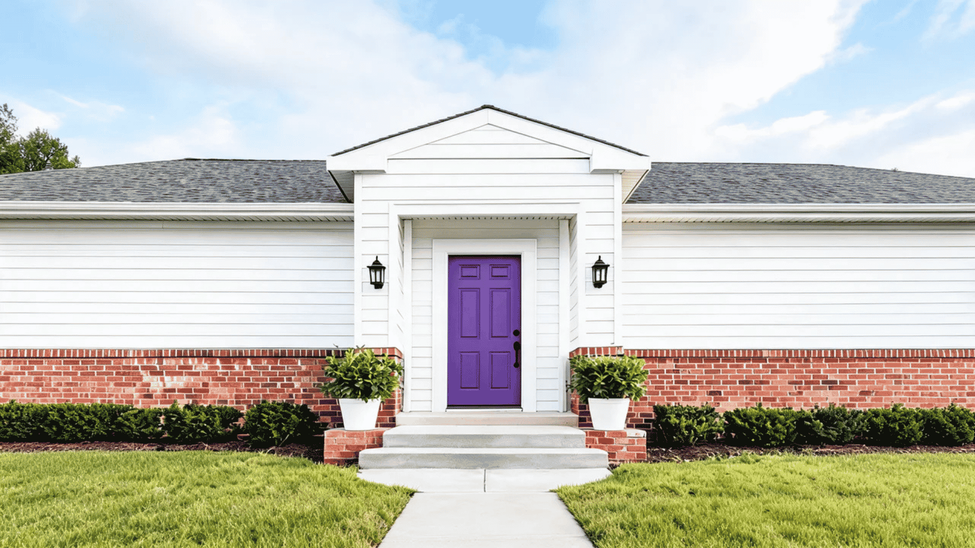 Purple front door with stylish home exterior, brick and white siding, natural accents, plants, and elegant entryway design.