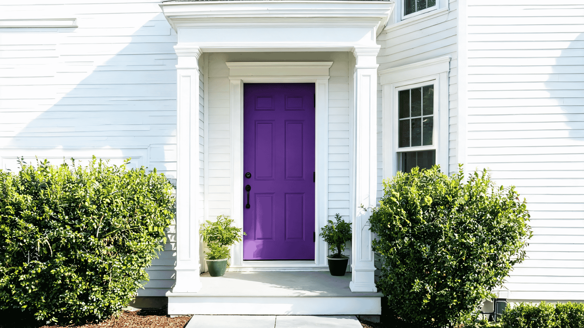 Purple front door contrasting with a white exterior home and simple entryway details.