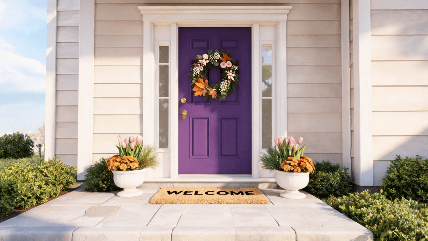 Purple front door decorated with wreaths and seasonal outdoor accents