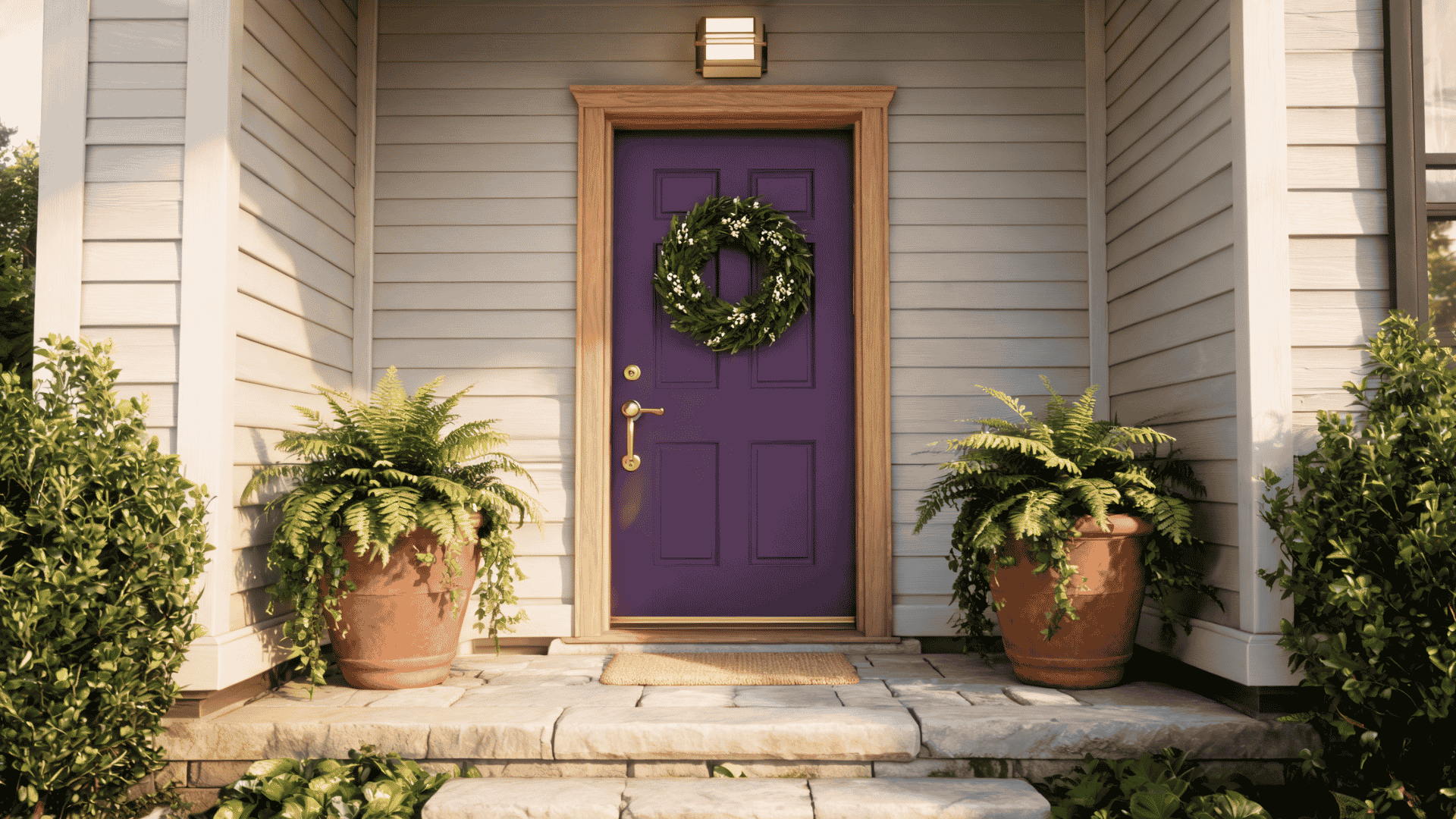 Purple front door entryway with greenery, brass hardware, lighting, and natural exterior accents.
