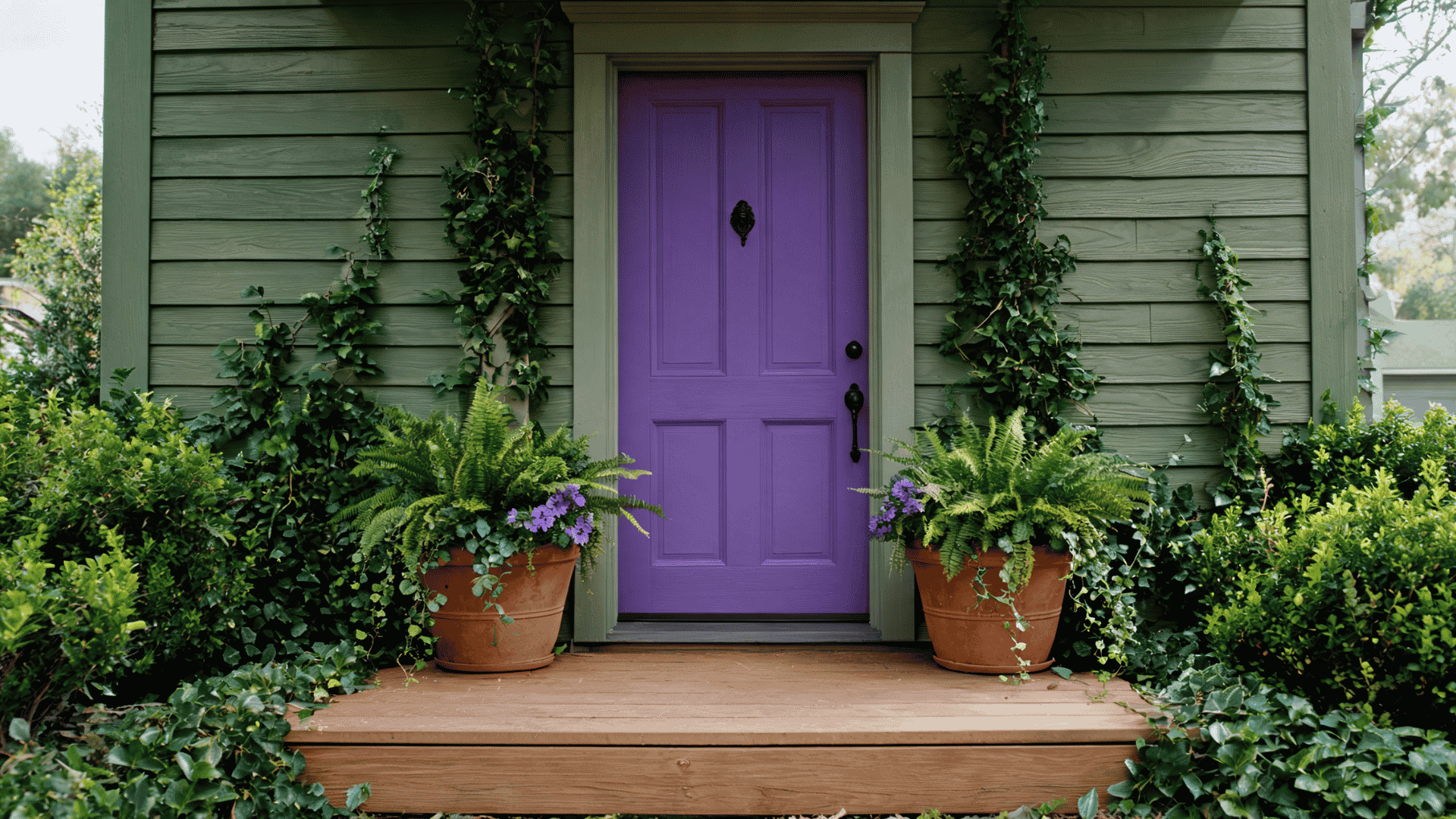 Purple front door with green siding and plants creating a natural home entrance.