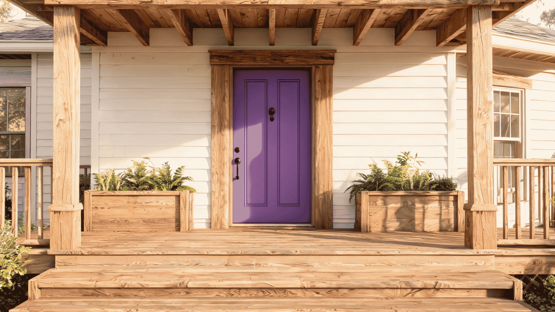Purple front door with natural wood accents on a warm farmhouse-style exterior.