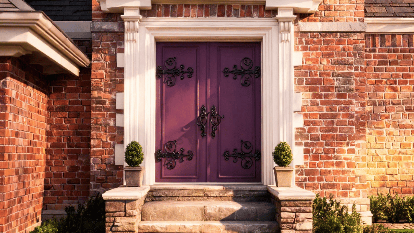 Purple front door with wrought iron hardware and traditional home design