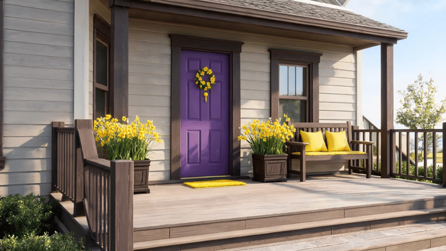 Purple front door with yellow flowers and cheerful outdoor accents