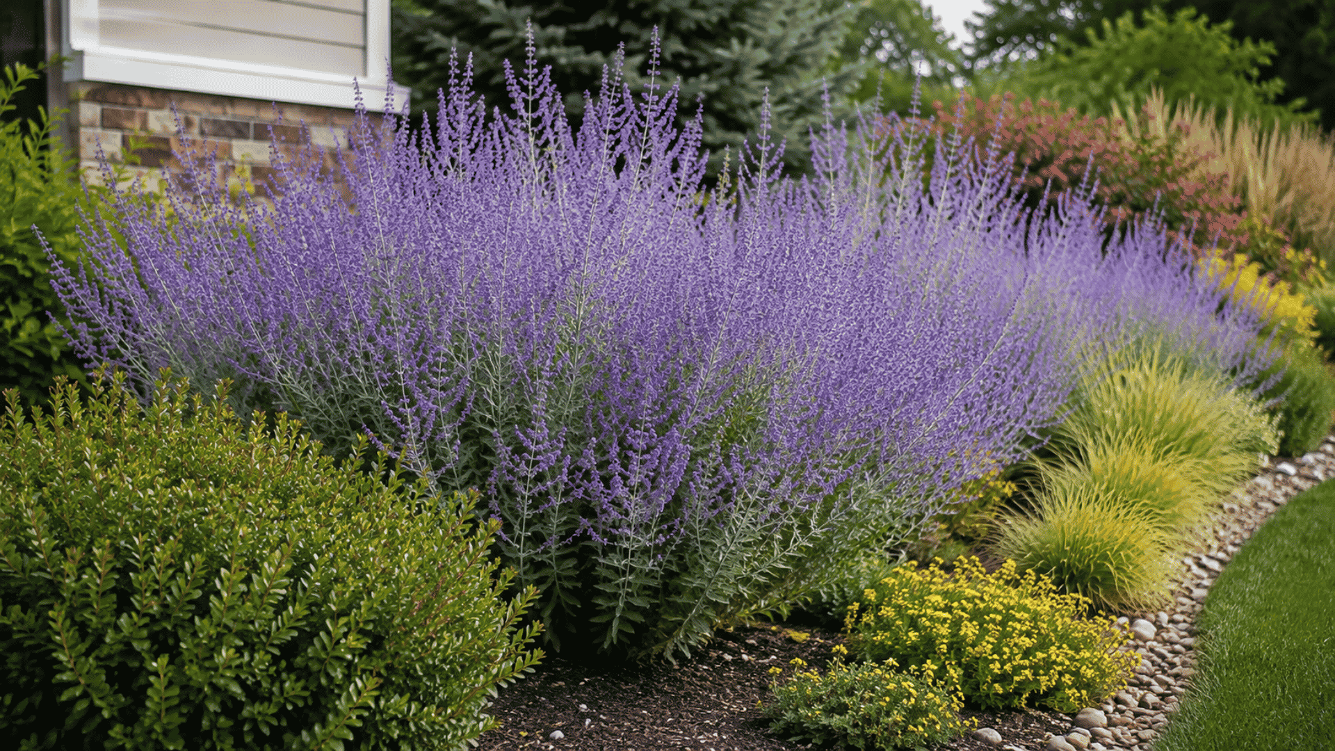 purple russian sage blooming in a landscaped garden border with silvery green foliage colorful companion plants and lush green lawn
