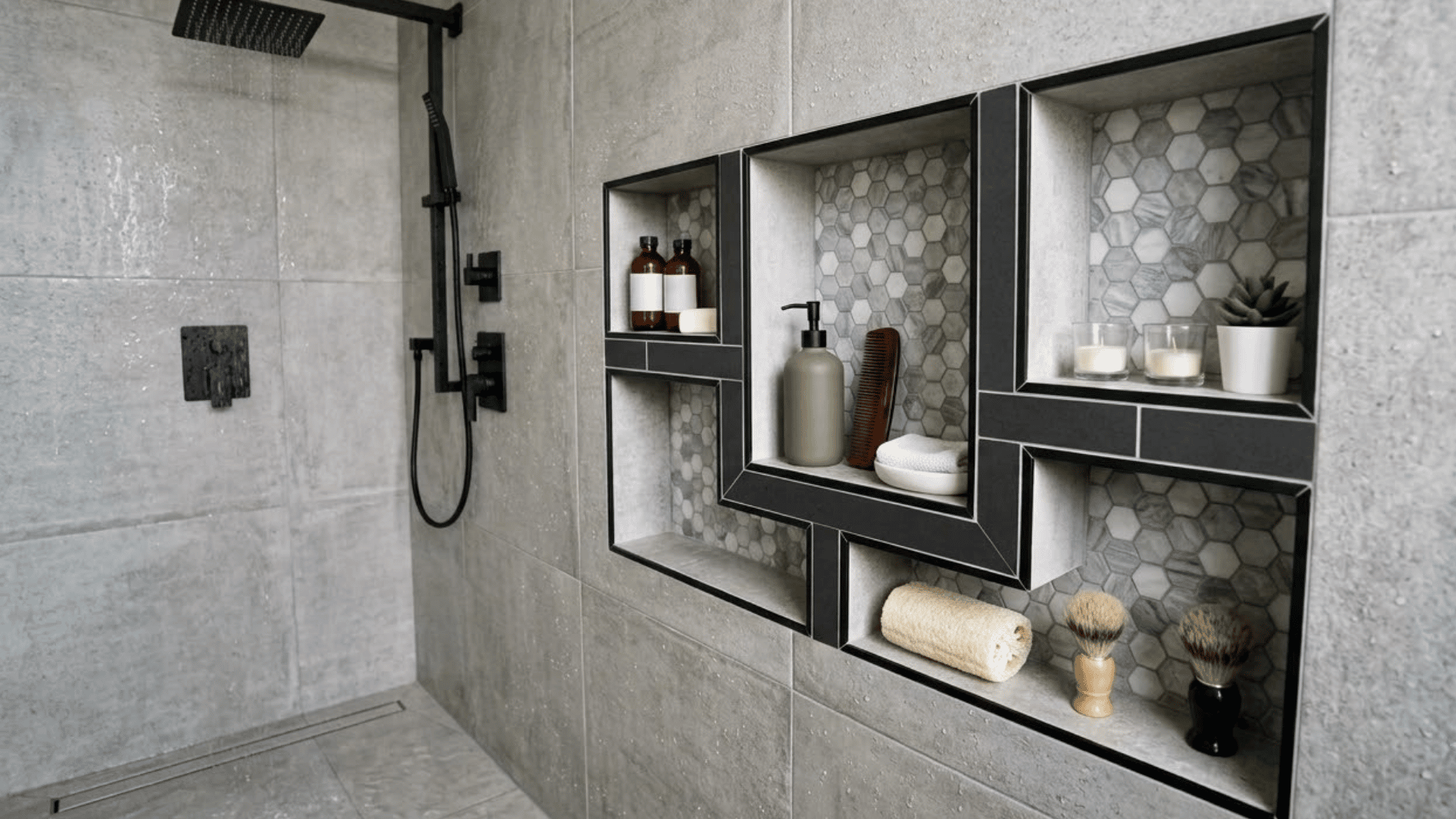 puzzle-style shower niche with toiletries and candles inside a modern open tiled shower wall