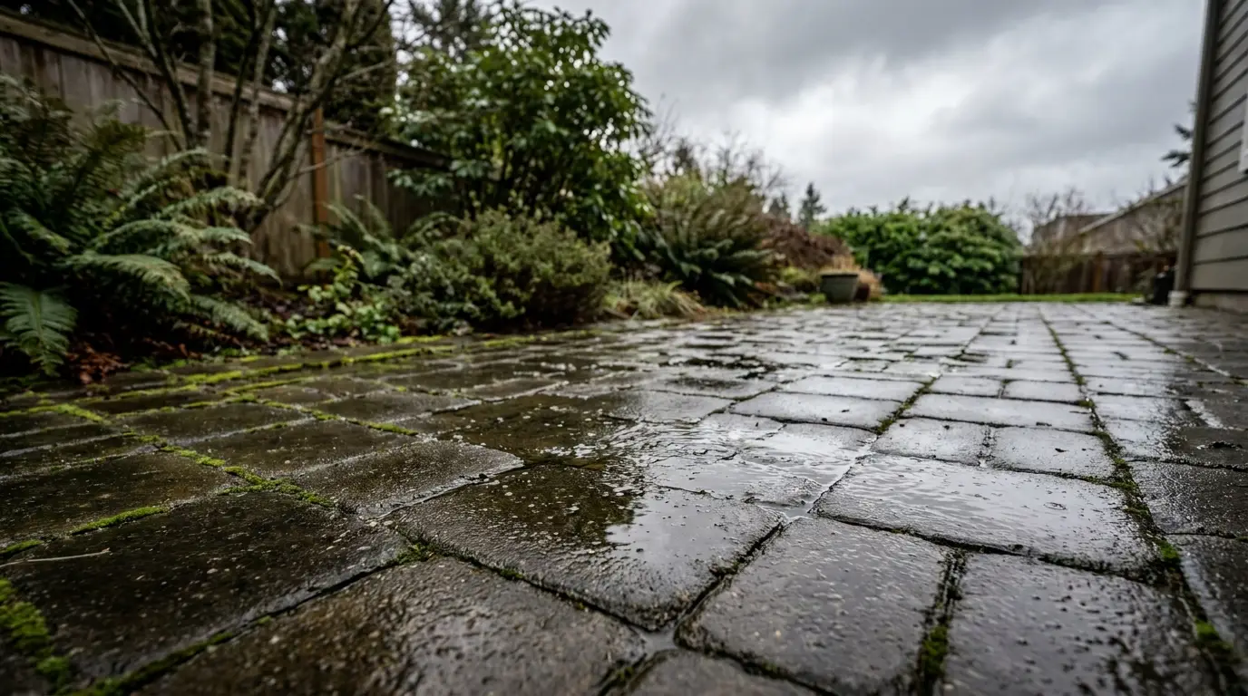 Wet cobblestone patio surrounded by lush greenery under overcast sky