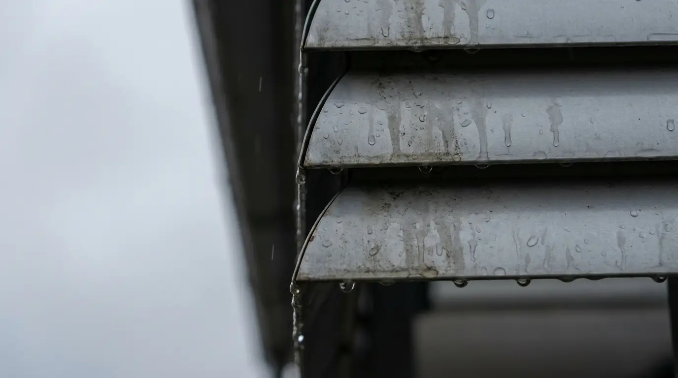 Rainwater dripping from metal louvers on a cloudy day