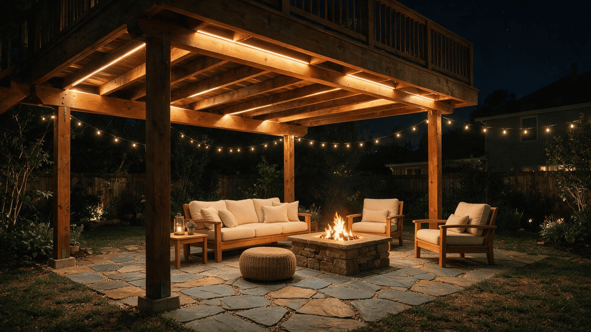 raised deck with under deck lighting creating a usable outdoor seating area