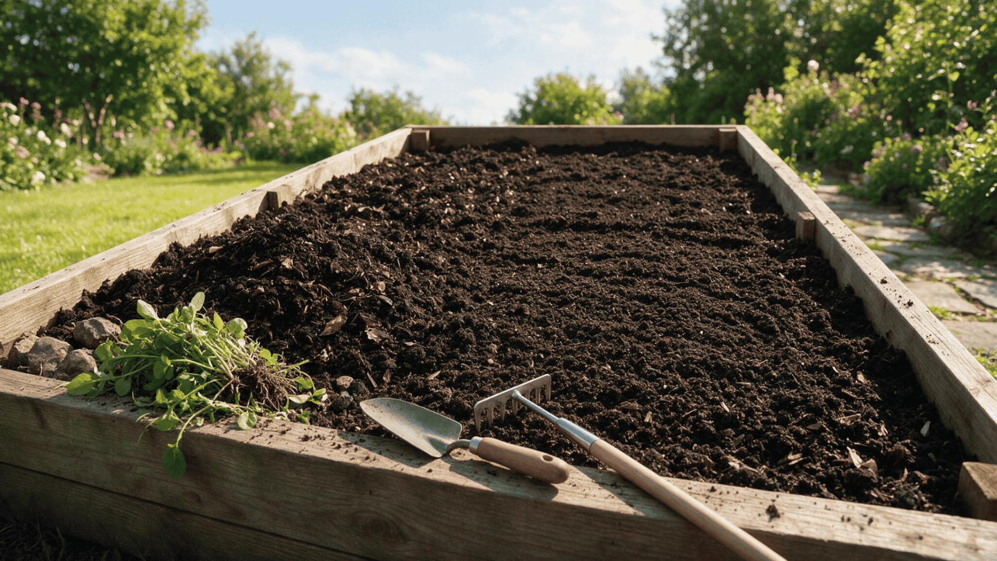 Raised garden bed with compost-rich soil, removed weeds, and tools for planting an amaranth plant.