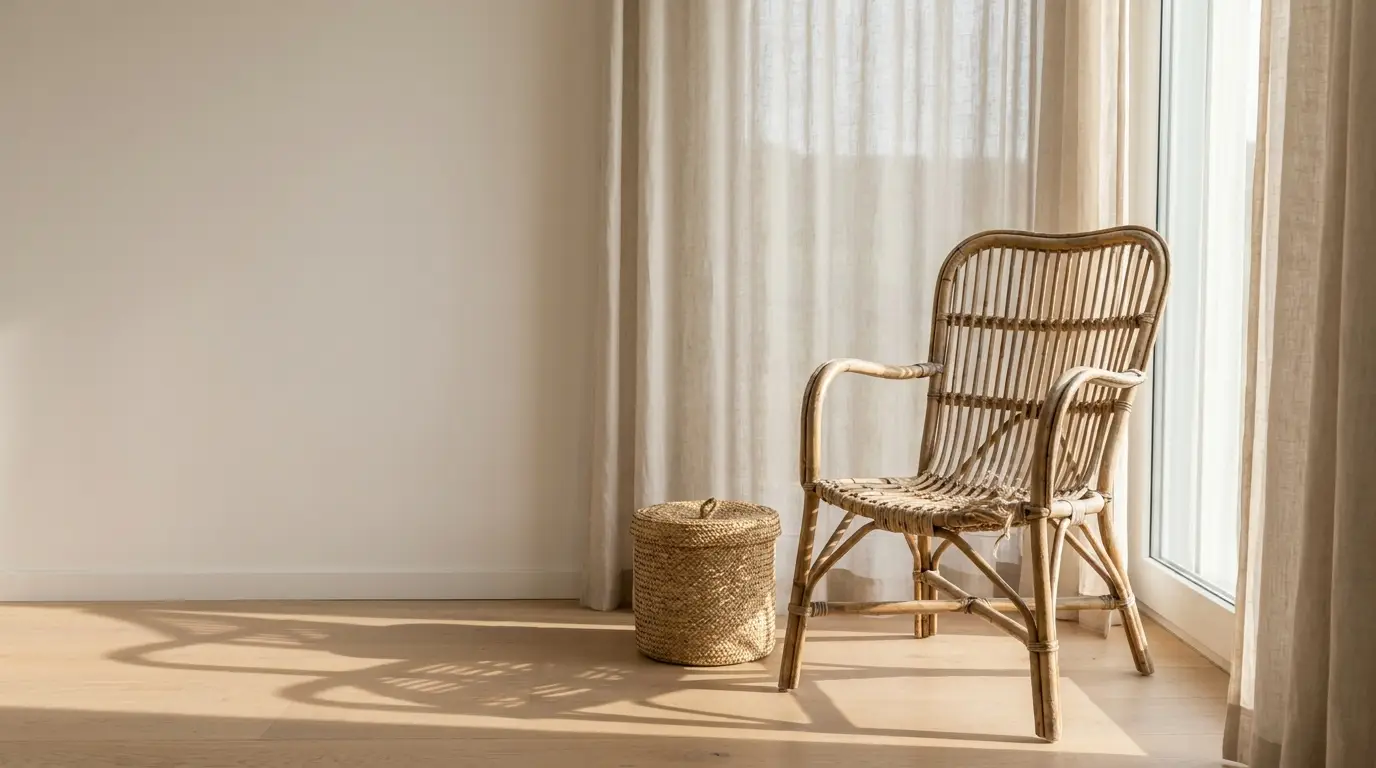 Rattan chair and woven basket in sunlit room with light curtains