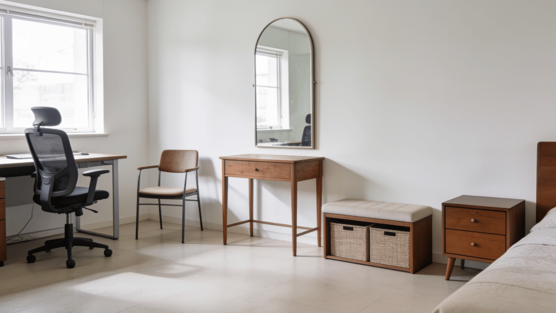 realistic modern room with office desk and chair, side table with large mirror, plus storage bench and other packed furniture neatly arranged