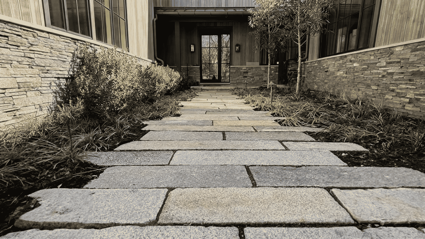 Reclaimed stone walkway with weathered stones and greenery along the garden path.