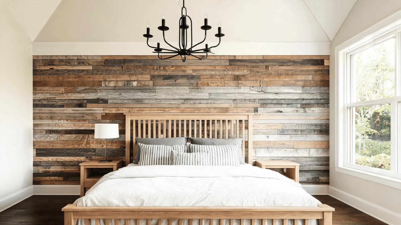 Rustic bedroom with a reclaimed wood plank feature wall, light wood bed frame, and black chandelier.