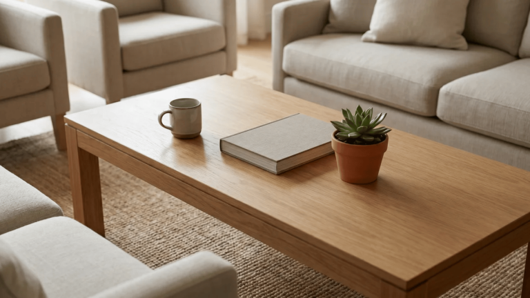 Wooden coffee table with a mug, closed book, and potted plant surrounded by chairs and sofa.