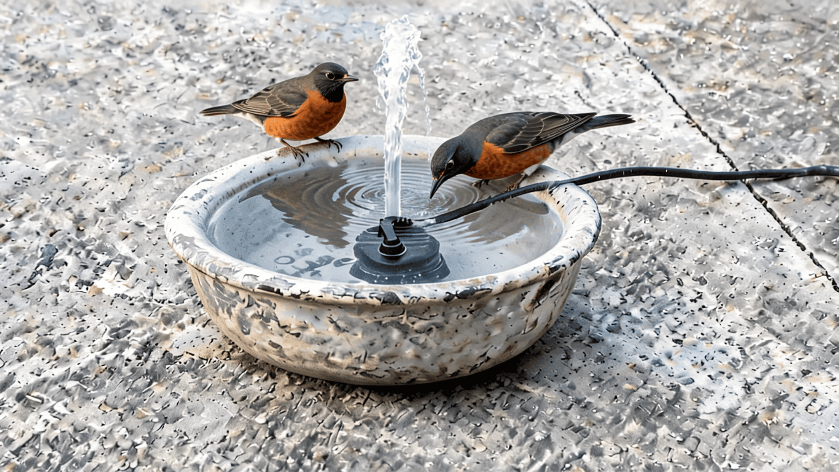 Worn ceramic bowl fountain with a pump spraying water, two sparrows perched at the rim.
