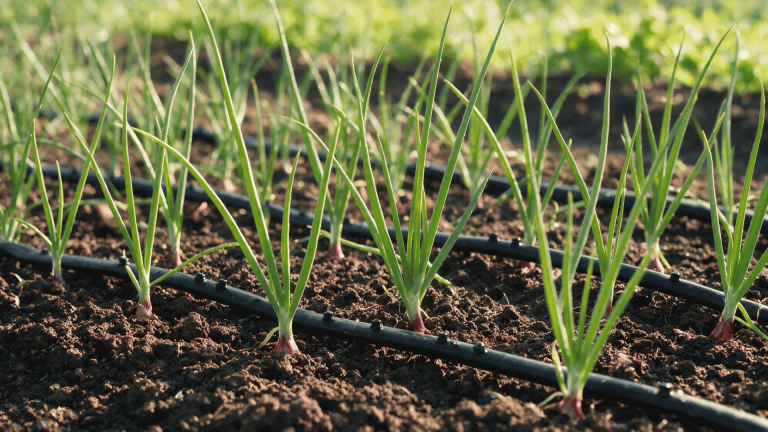 row of red onion plants growing in a garden bed with visible bulbs