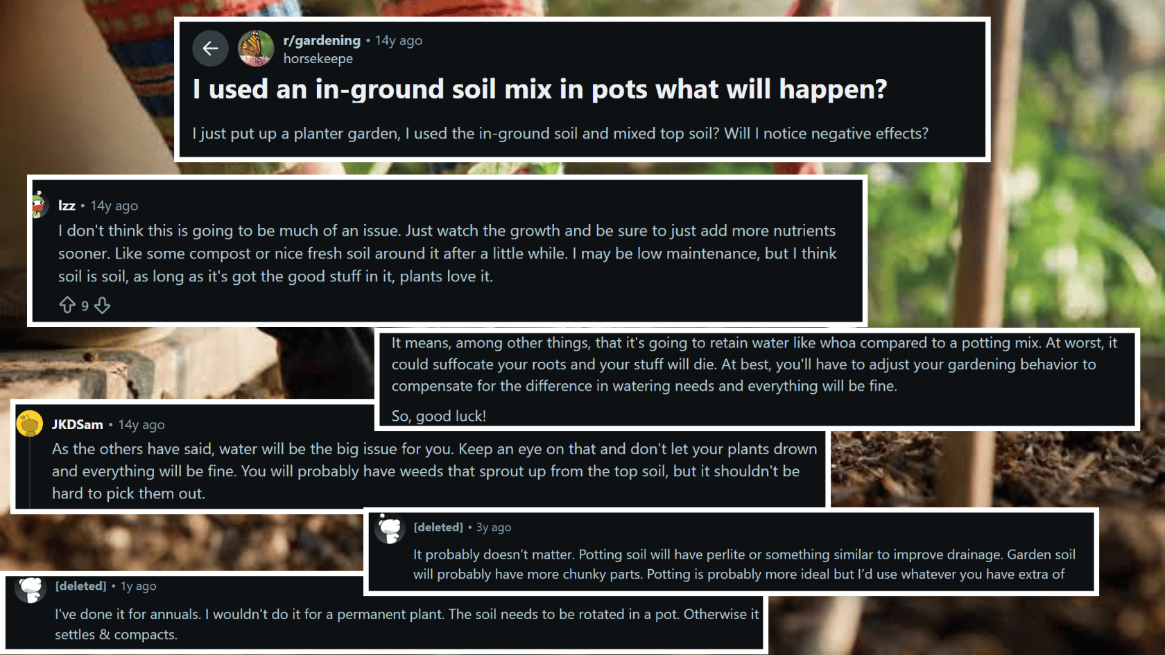Reddit discussion about using in-ground soil mix in container gardens