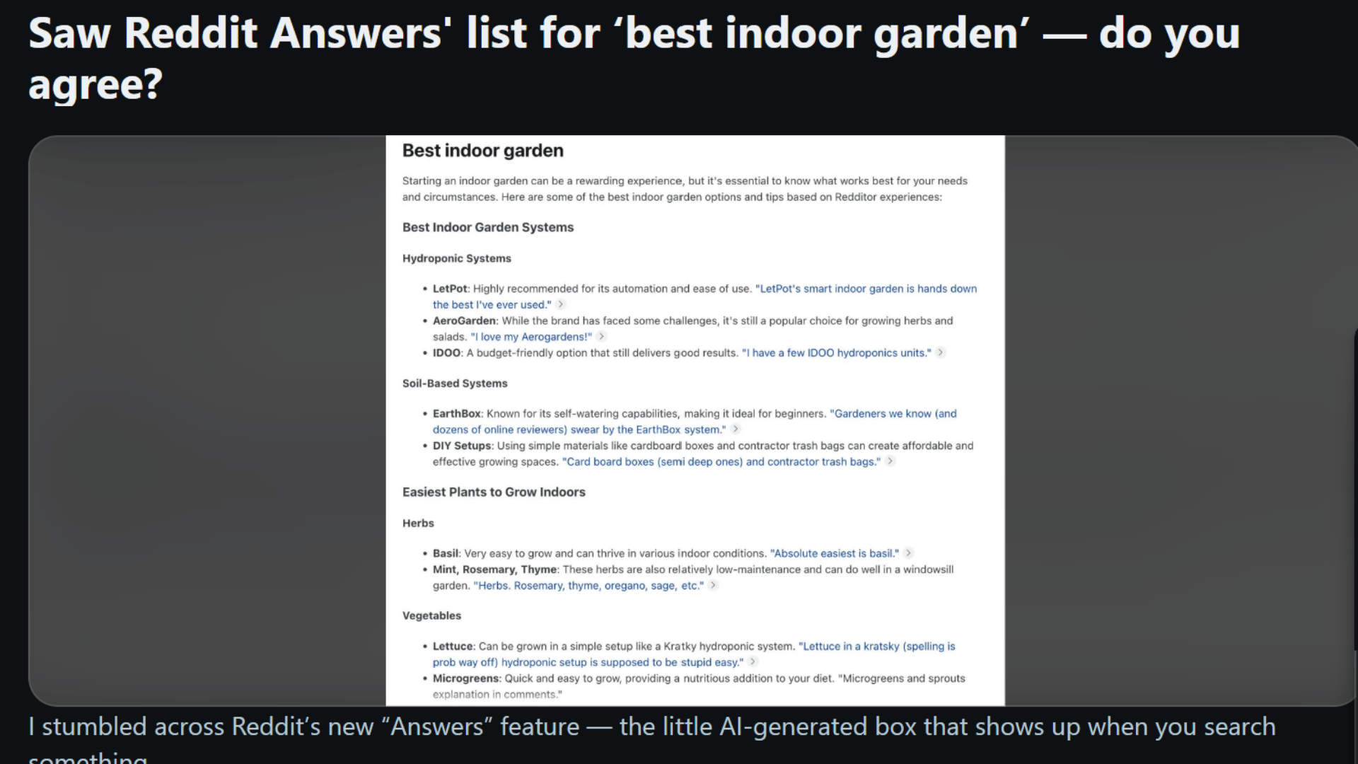 Reddit post from r/Hydroponics asking if Reddit's AI-generated best indoor garden list, recommending LetPot, AeroGarden, and IDOO, matches real user experience