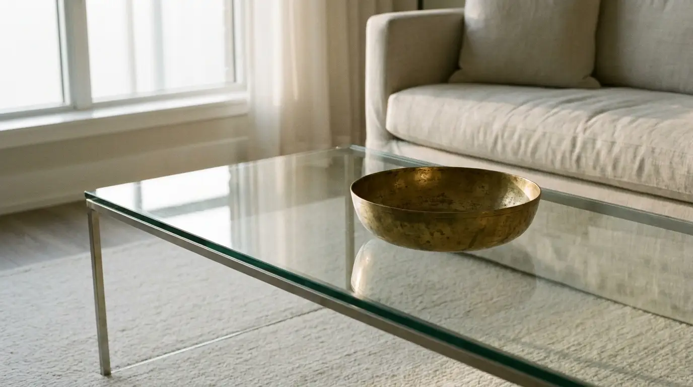 Gold bowl on glass coffee table in cozy living room with beige sofa