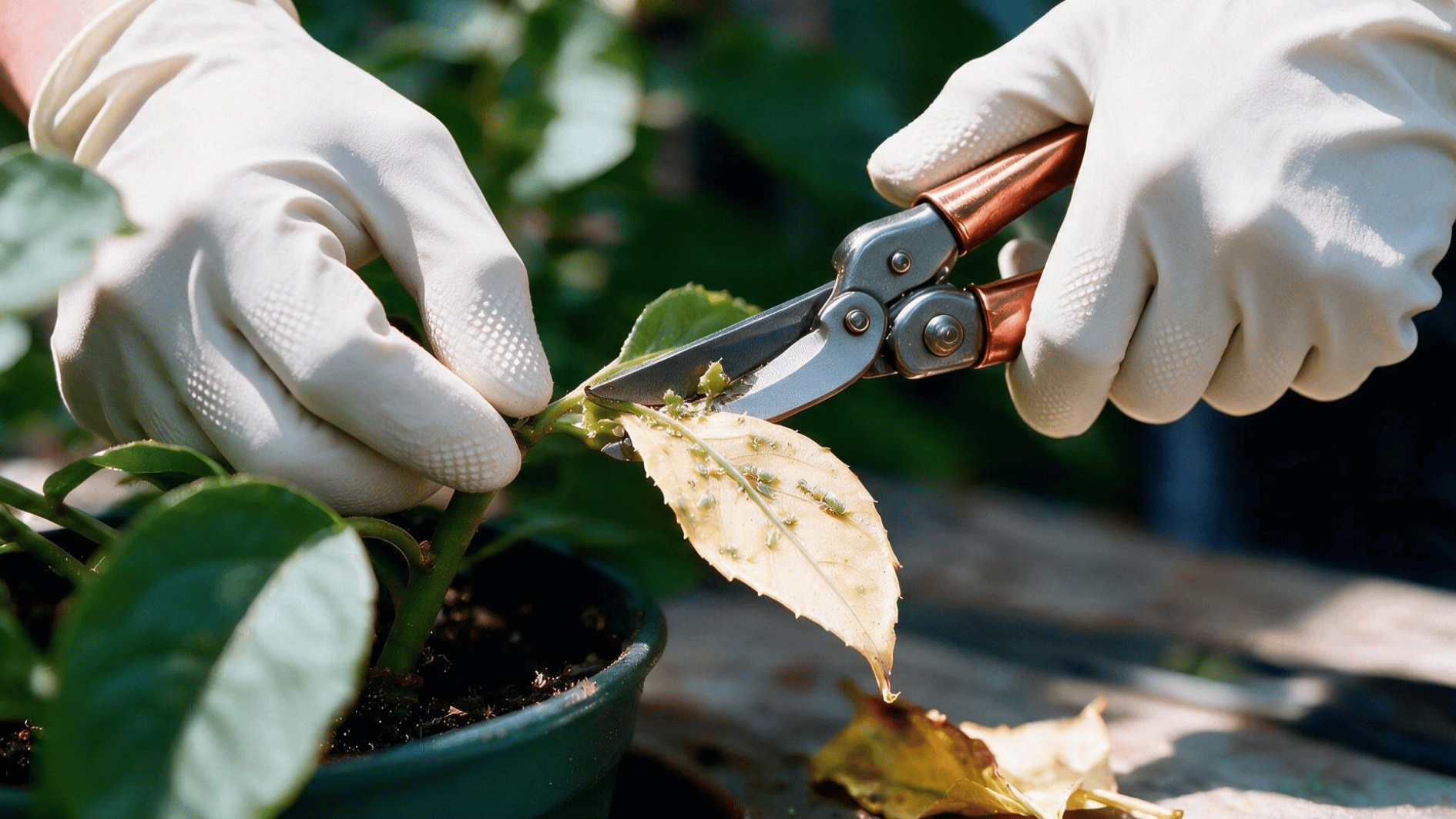 remove heavily infested plant growth with pruning shears to control aphids and protect healthy leaves and stems