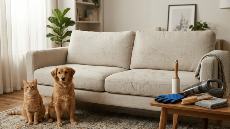 light fabric sofa with pet hair beside a cat dog and pet hair removal tools in a bright indoor living room set