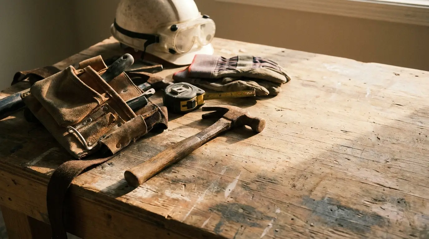 Workbench with leather tool belt, hammer, measuring tape, gloves, and hard hat in warm light