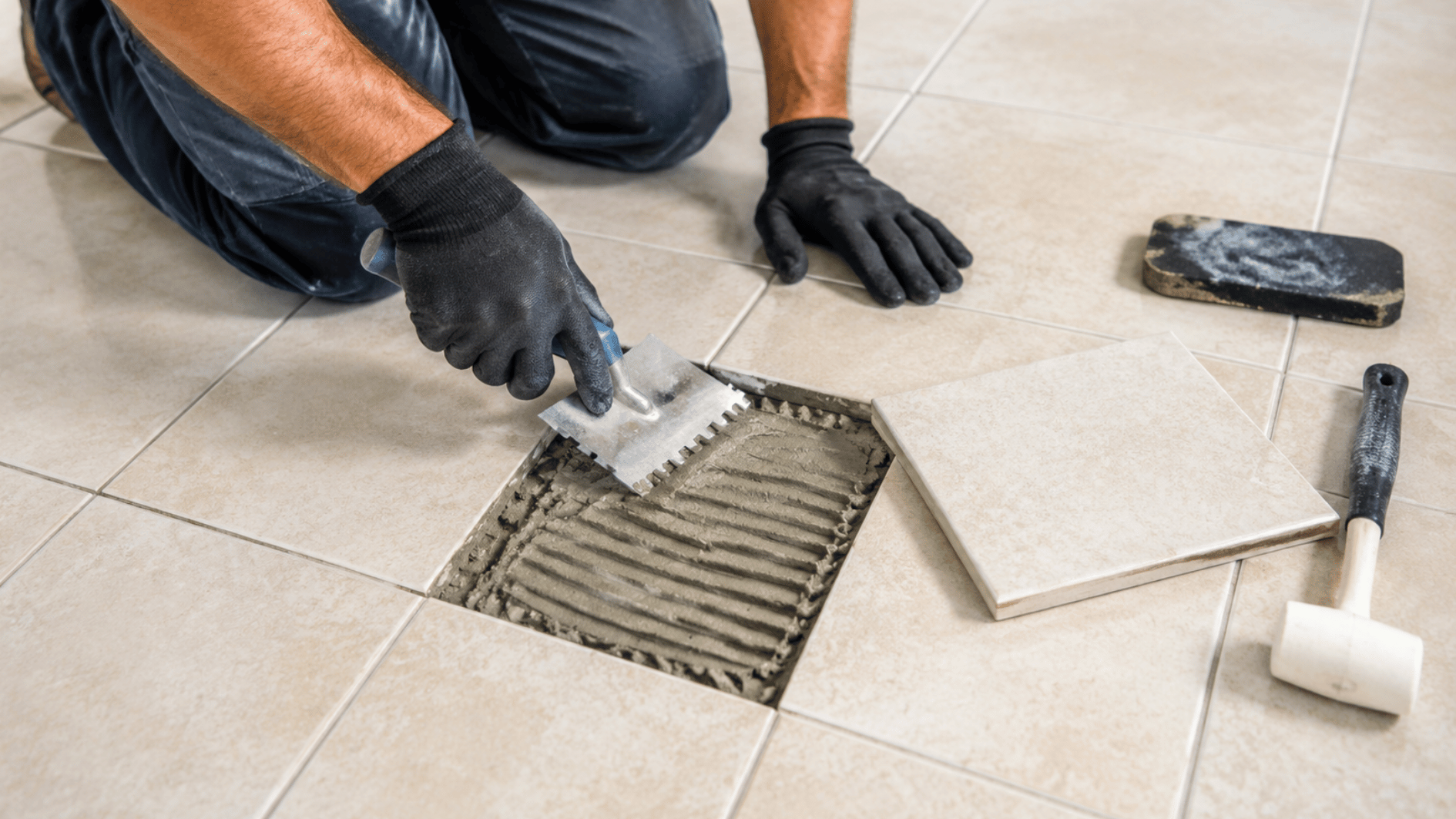 installer repairing an isolated damaged floor tile before installing new tile over the existing surface