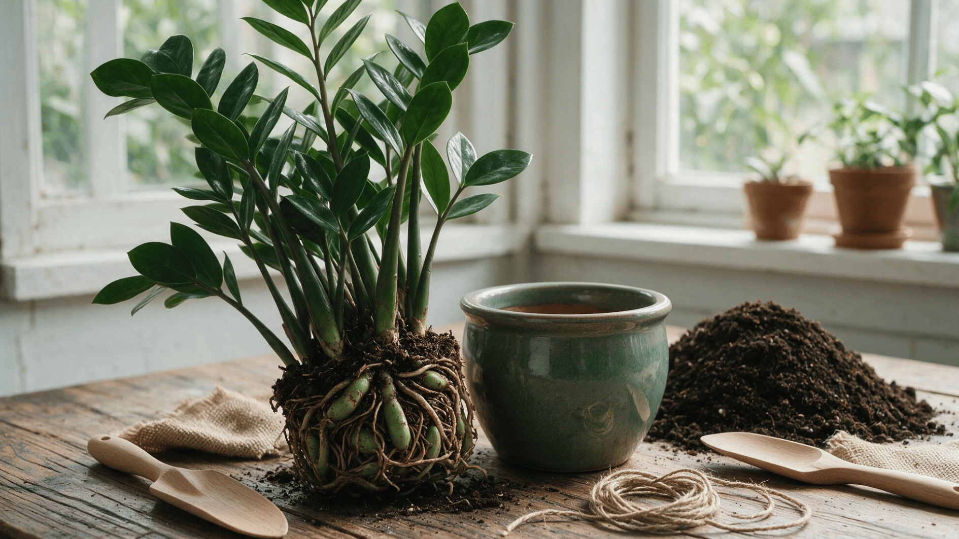 zz plant with exposed roots and rhizomes beside a new pot and fresh soil ready for repotting