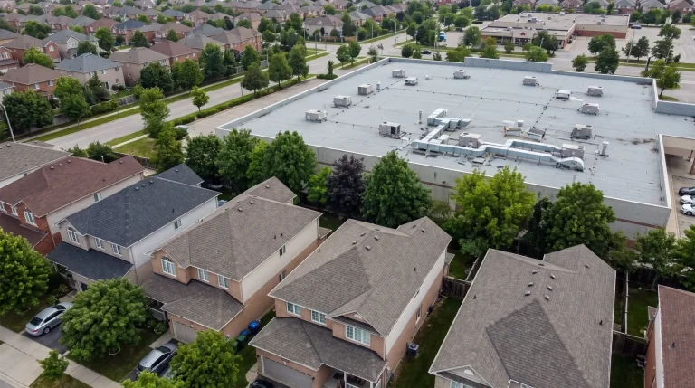 Aerial view of suburban neighborhood with houses and a large commercial building surrounded by trees