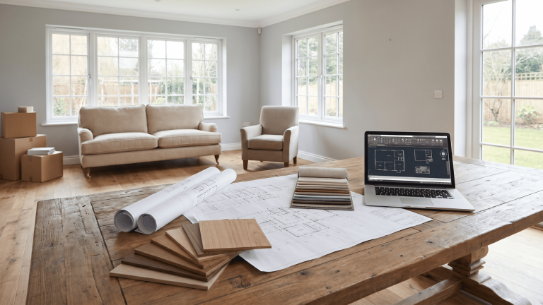 Floor plans material samples and a laptop on a table inside a partially furnished living room