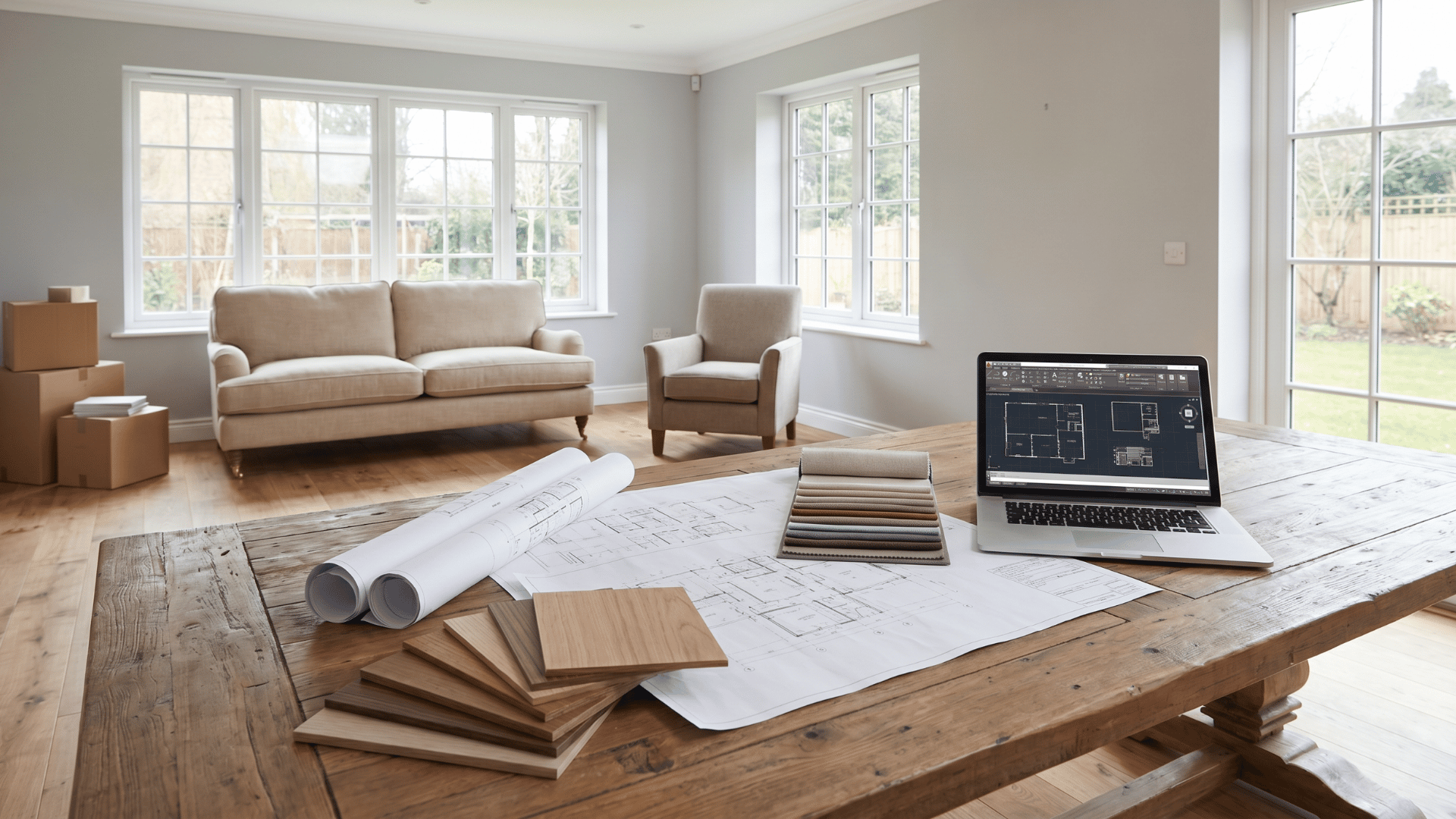 Floor plans material samples and a laptop on a table inside a partially furnished living room