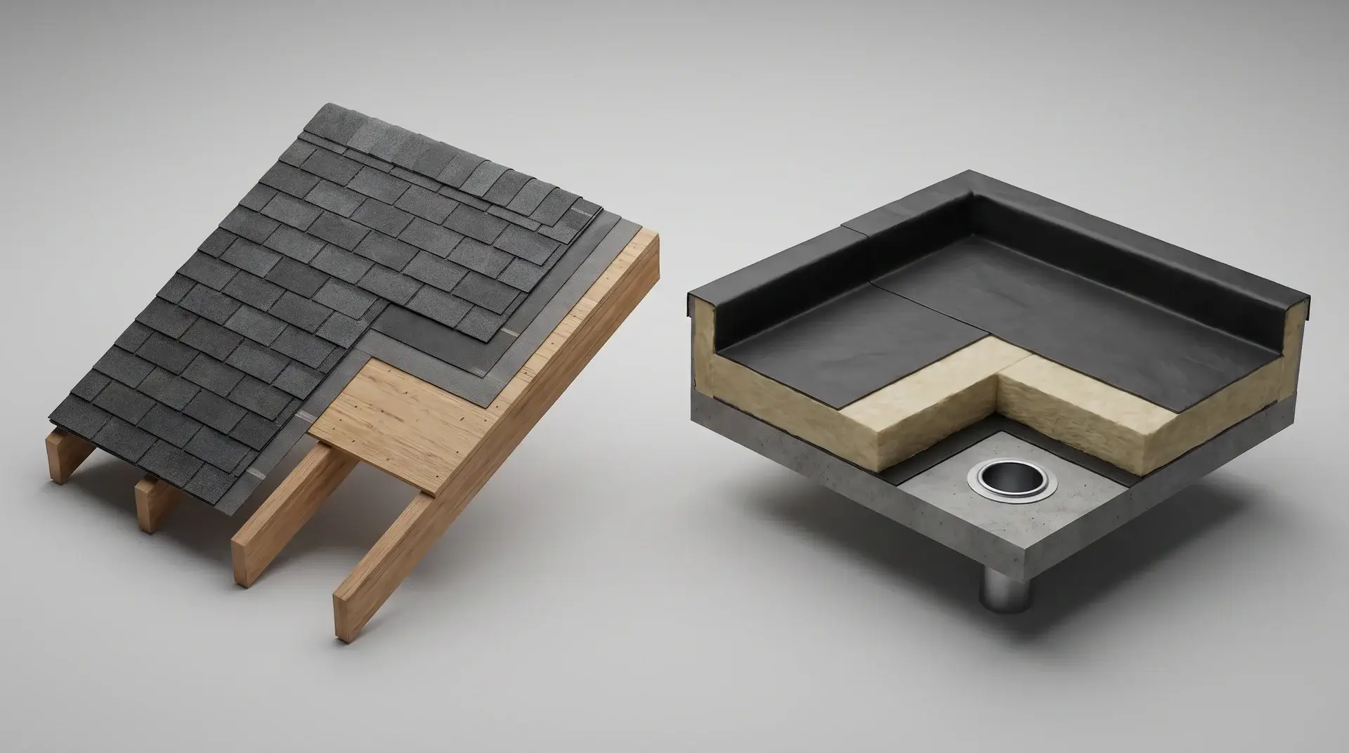 Two roof model cross-sections showing layered materials, insulation, and drainage systems against gray background