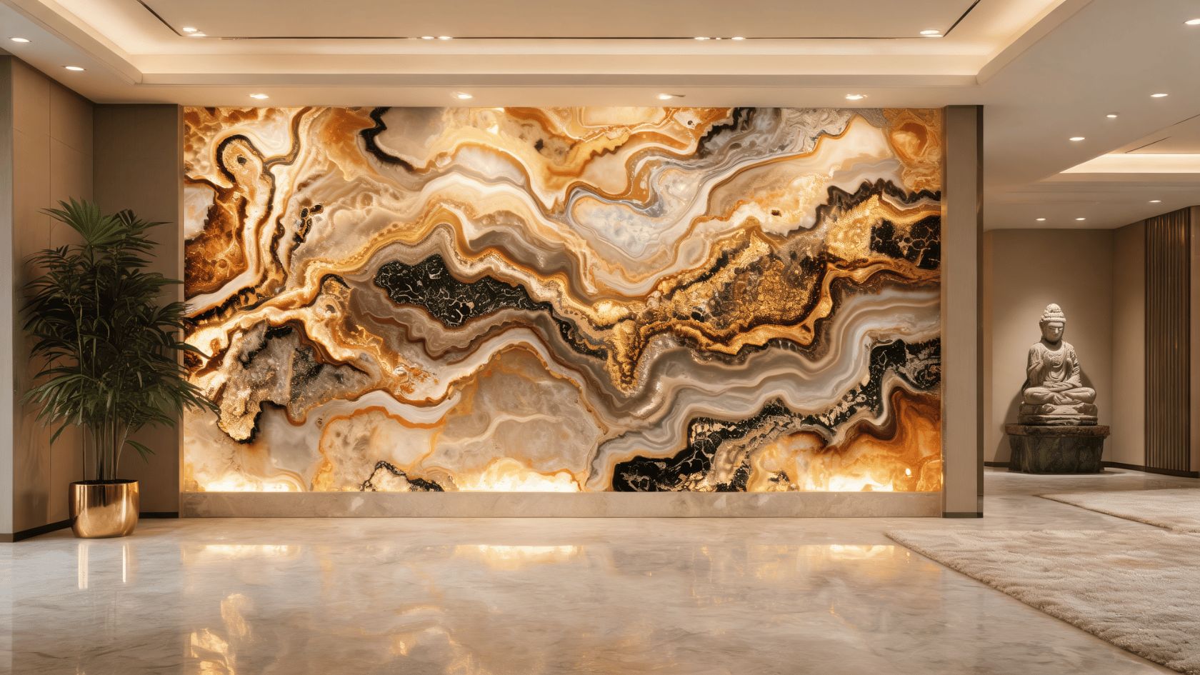 Resin decorative wall panels with illuminated abstract patterns in a modern luxury interior