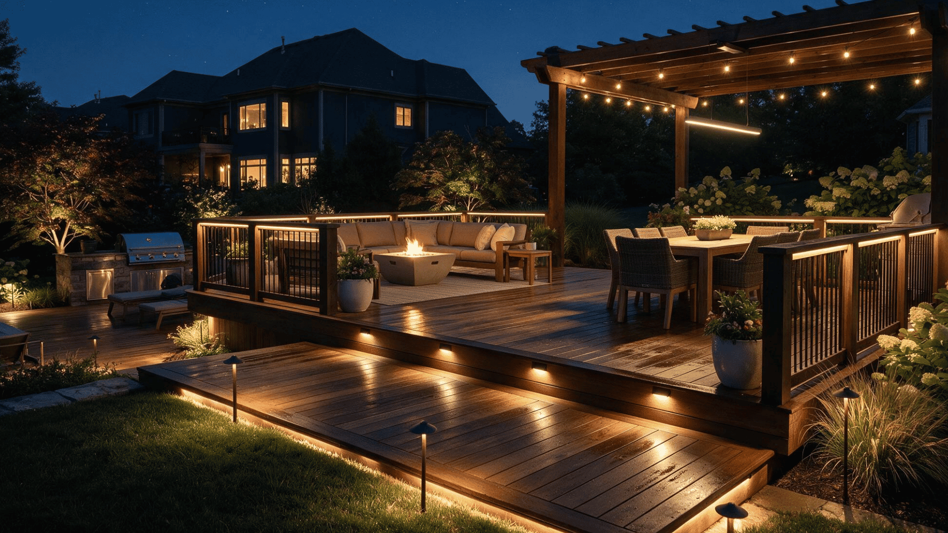 resort style backyard deck with layered evenly spaced ambient lighting at night