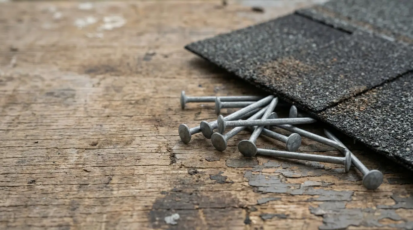 Asphalt shingles and roofing nails on a weathered wooden surface